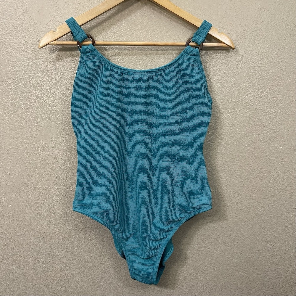 Shade & Shore One Piece Swim Suit Strap Detail Crinkle Fully Lined Teal Size M